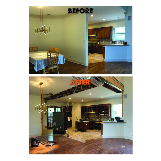 Load bearing wall removal before and after — kitchen wall to open dining room Texas