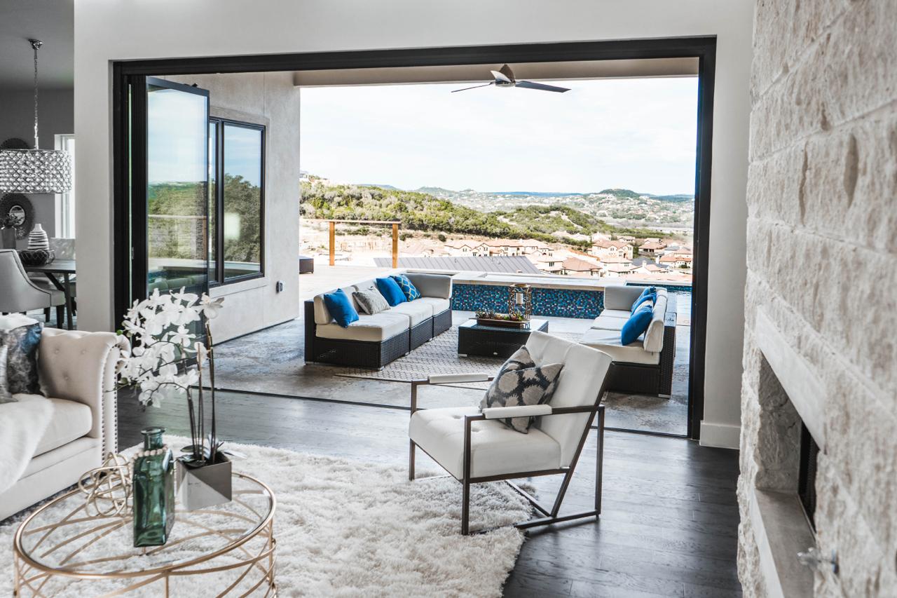 Hilltop Texas home patio door conversion with expansive view glass doors