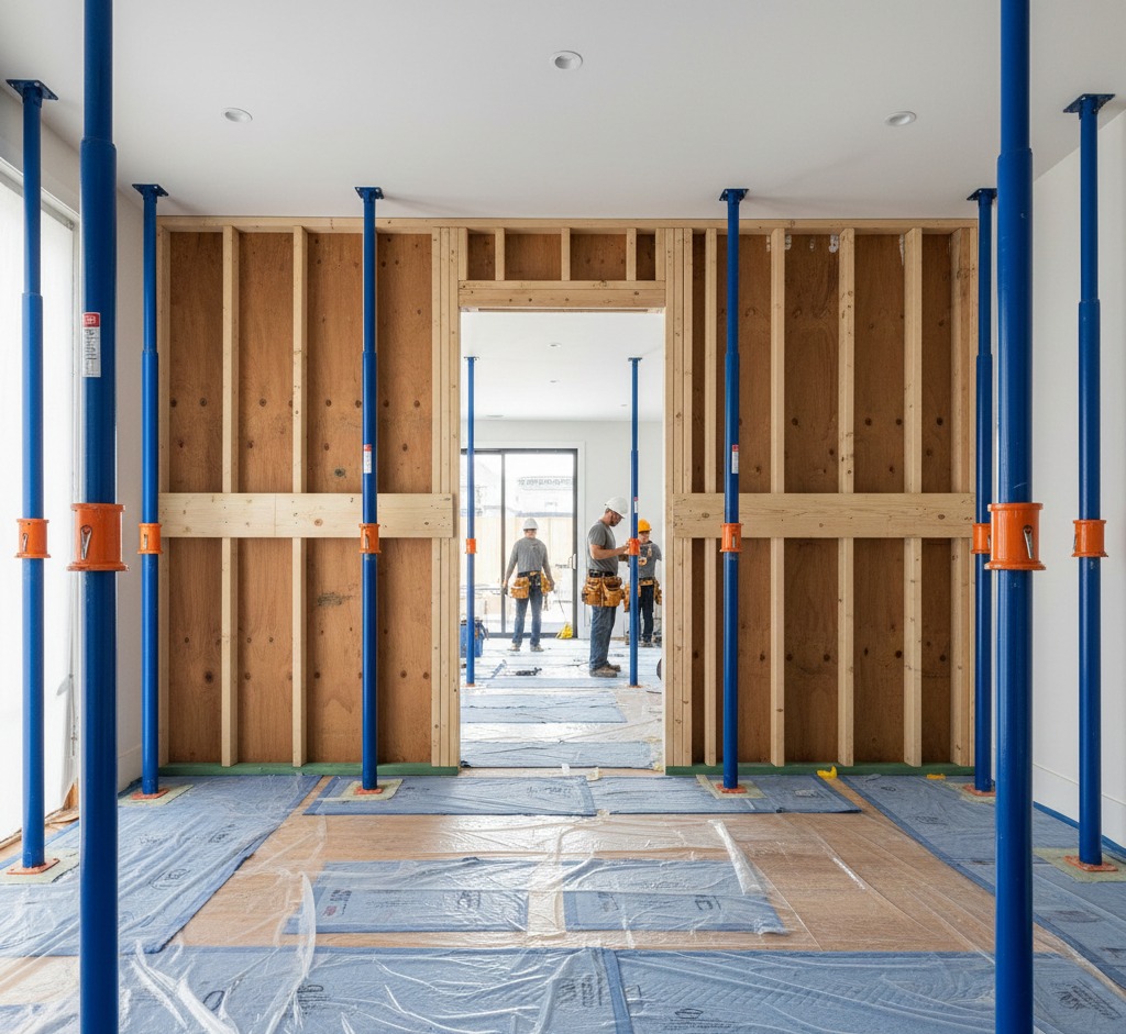 Temporary support columns installed inside a home, highlighting what is involved in removing a load bearing wall before permanent supports are added.