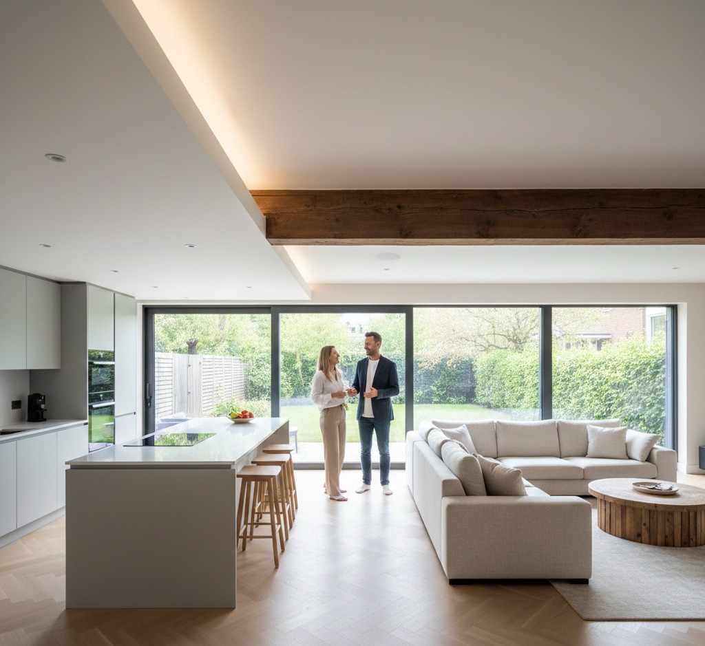 Completed load bearing wall removal showing a finished open space with a structural support beam