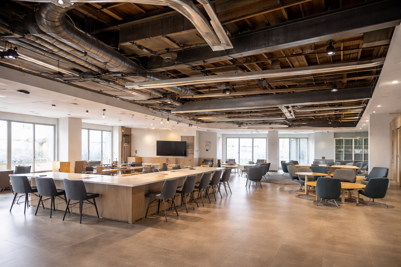 Completed open-plan office after commercial wall removal, featuring exposed ceiling elements and a redesigned collaborative workspace.