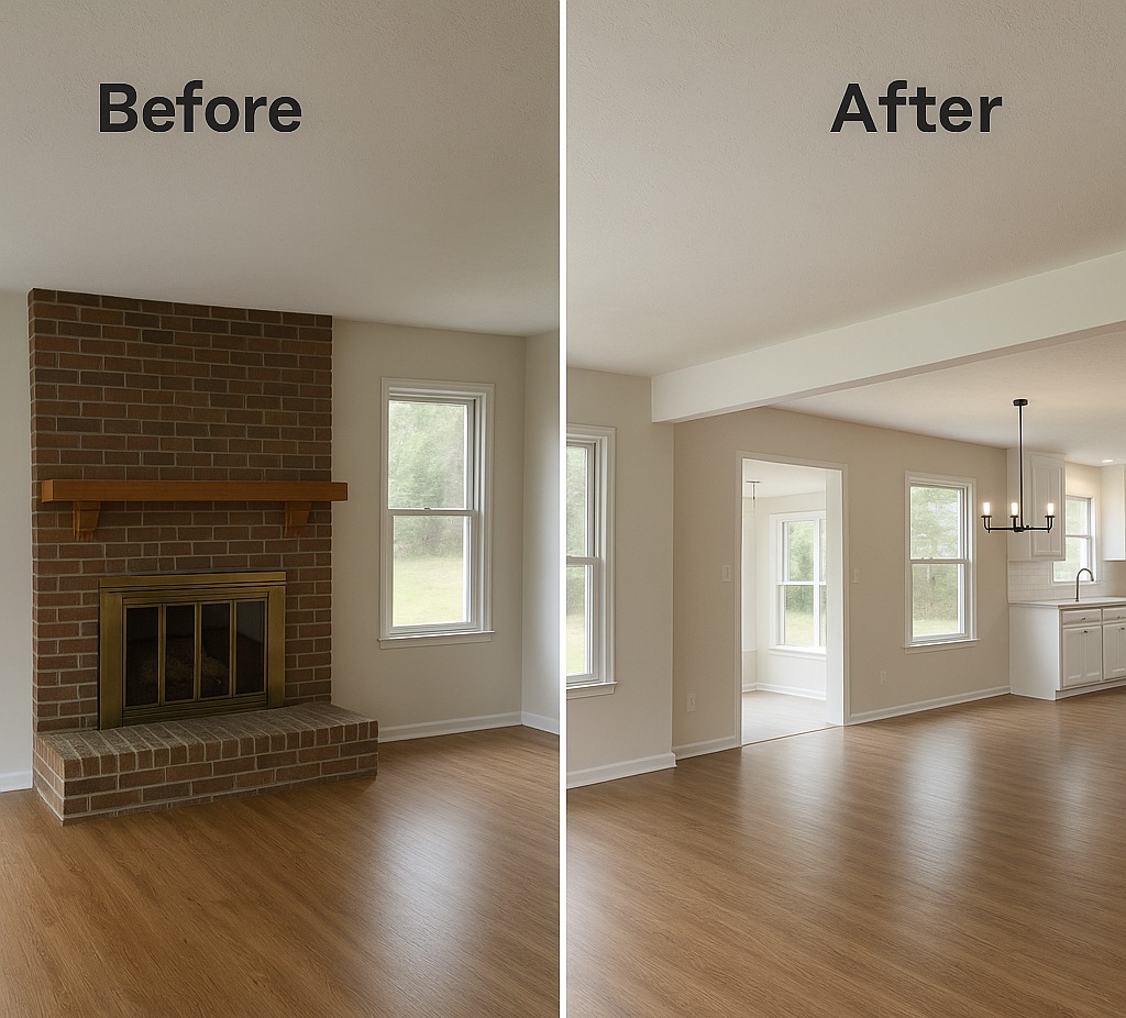 Before and after view showing how homeowners replace fireplace with structural beam.