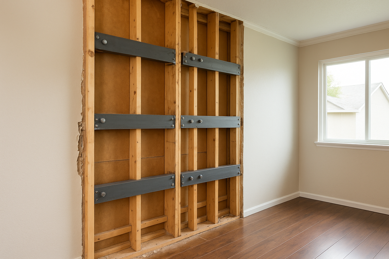 Interior wall reinforced with horizontal steel braces installed for added strength and stability, demonstrating modern seismic retrofitting Texas techniques in residential construction.