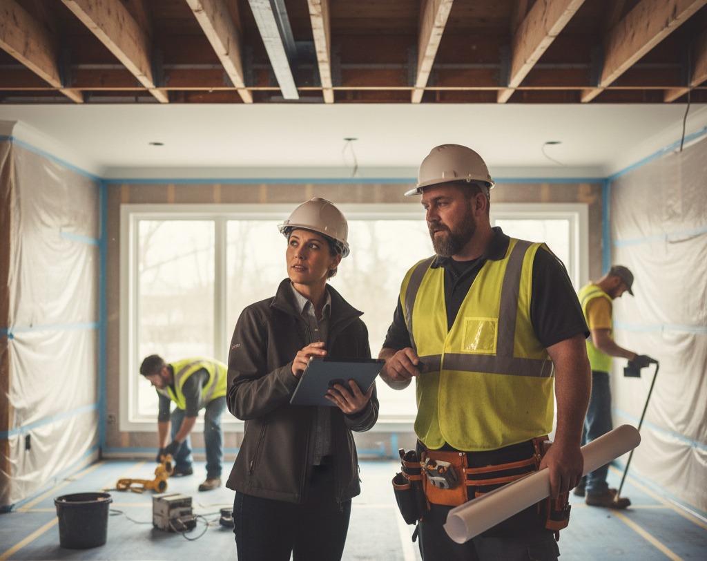 A project manager and construction crew coordinating framing, electrical, and inspection tasks during a structural wall removal project in progress.