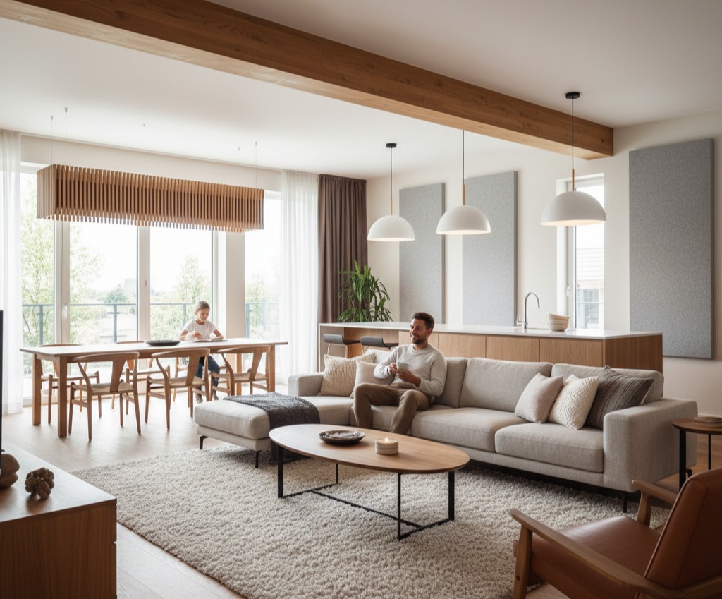 Homeowners enjoying a renovated open-plan living space designed to preserve acoustics after structural wall removal.