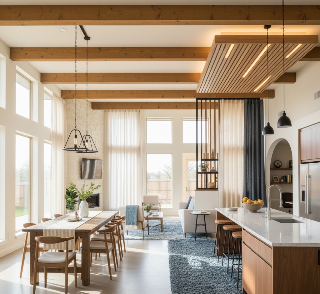 Kitchen and dining area defined with lighting and beams, zoning techniques open floor plans