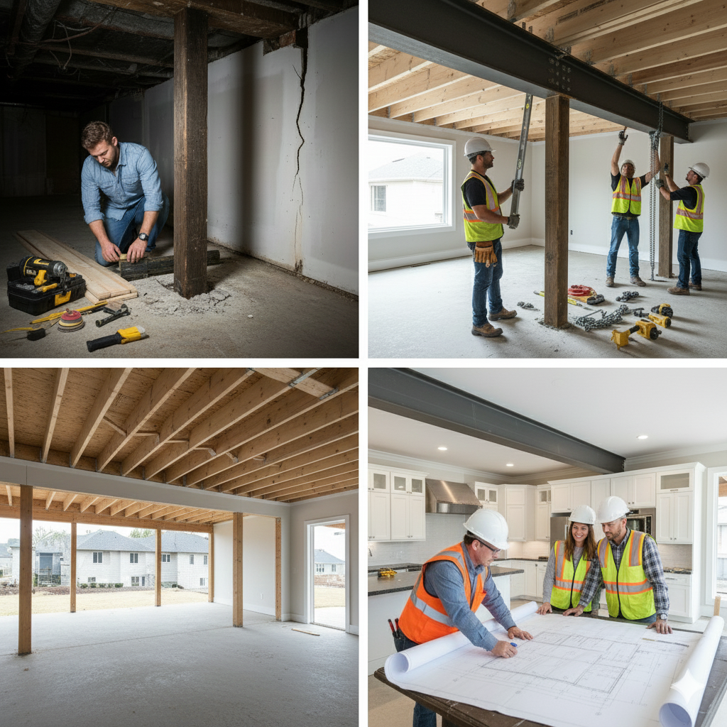 Four-panel image: inspection, workers installing a steel beam, and finished open space, detailing the process of reinforcing load bearing walls.