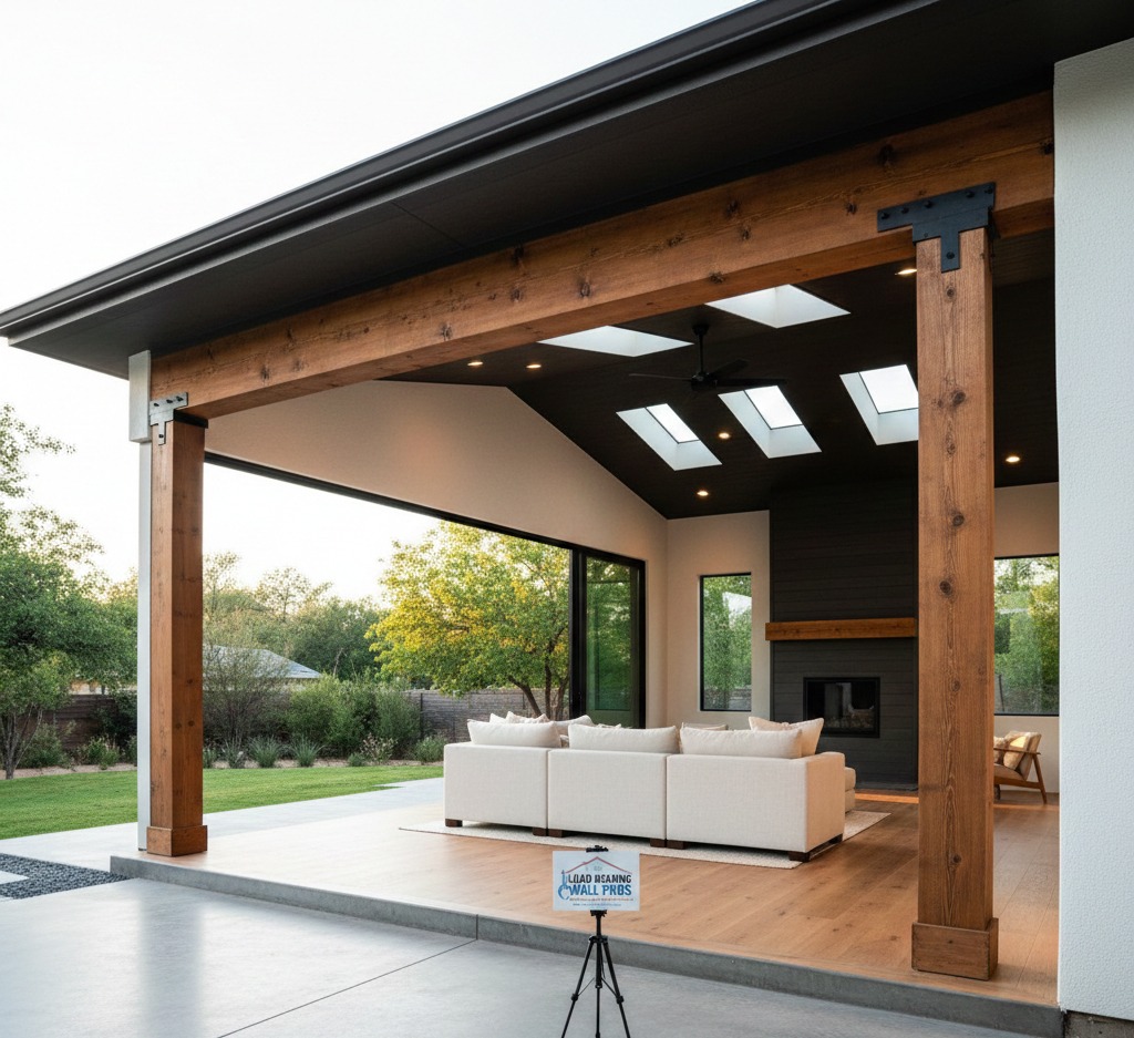 Modern home exterior with timber pillars and open living space, showcasing structural support needs for porch integration by Load Bearing Wall Pros.