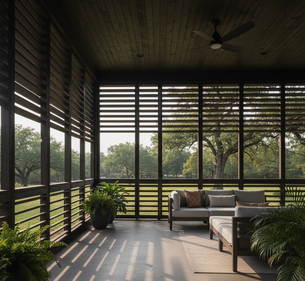 A porch enclosed with horizontal wood slats allowing filtered light and strong cross-breeze for optimized porch enclosure ventilation.