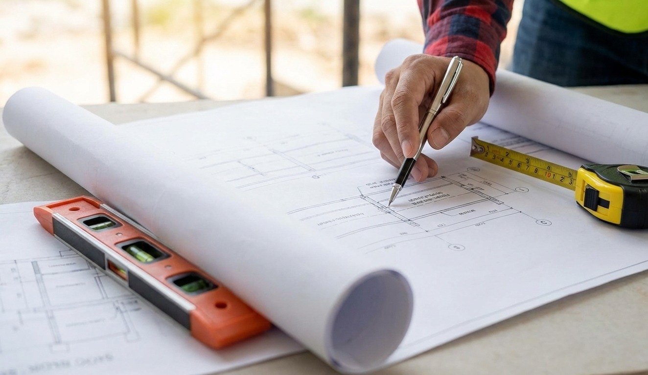 Detailed engineering blueprints and measurement tools used to plan the safe and precise modification of load bearing walls.