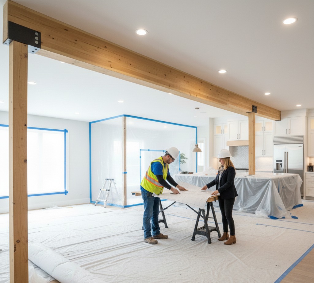 Contractors reviewing structural plans beneath a newly installed beam, showing how a load bearing wall and home insurance considerations require proper engineering and documentation.